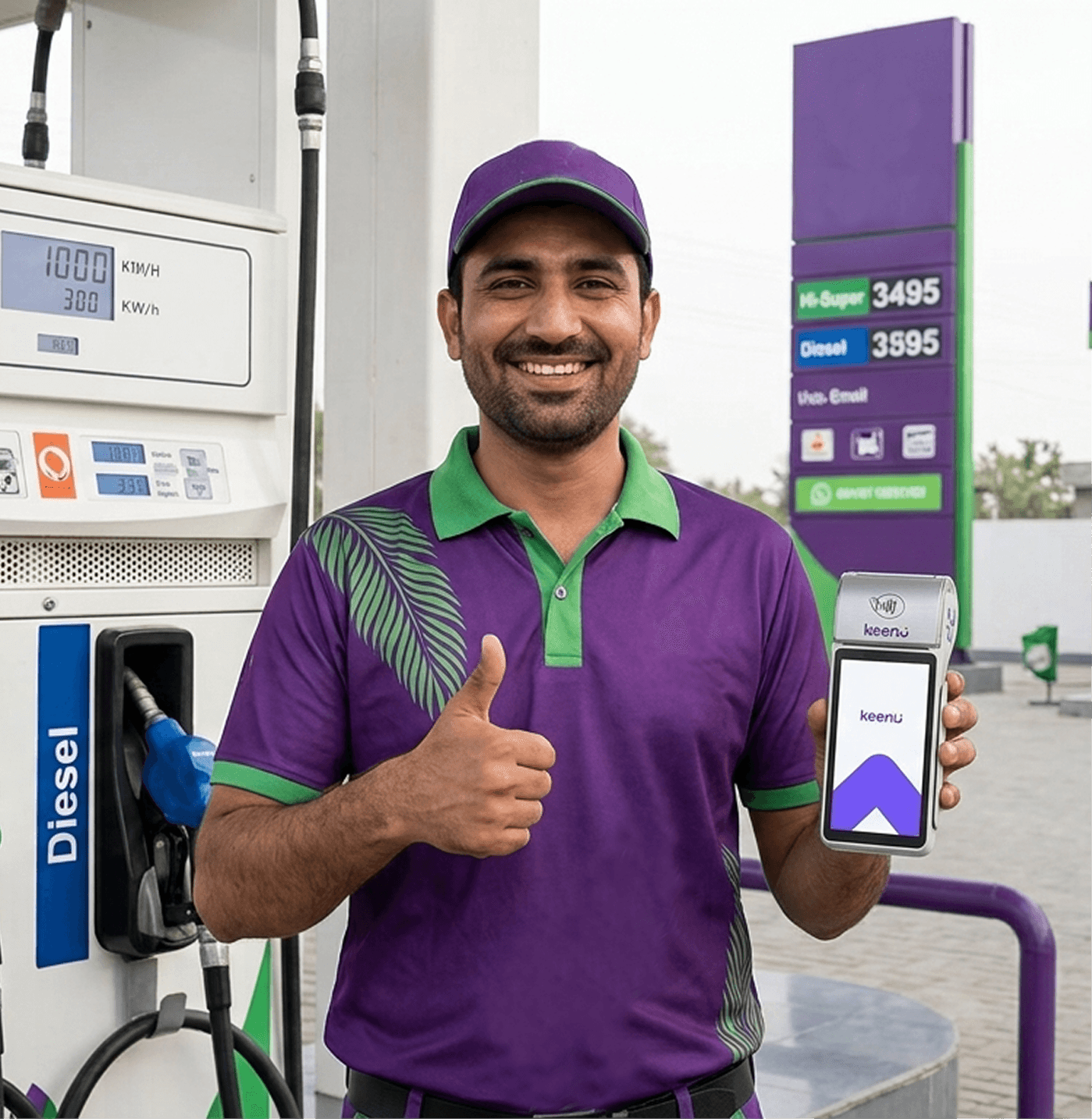 Keenu attendant using a handheld terminal at a fuel station, integrated with the existing setup