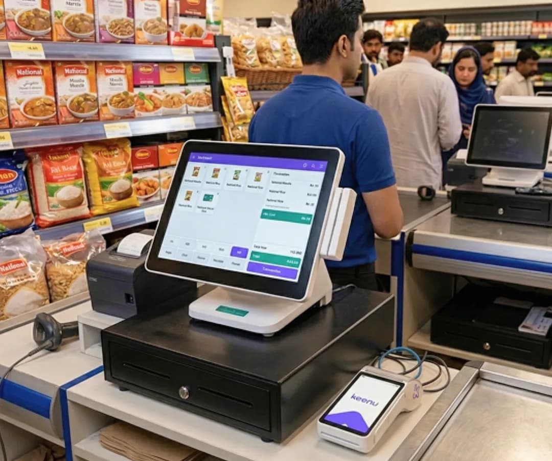 Keenu terminal connected to the existing till setup at a grocery checkout counter