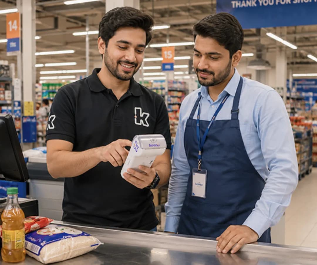 Keenu team member in a branded polo helping a grocery store cashier in person at the till