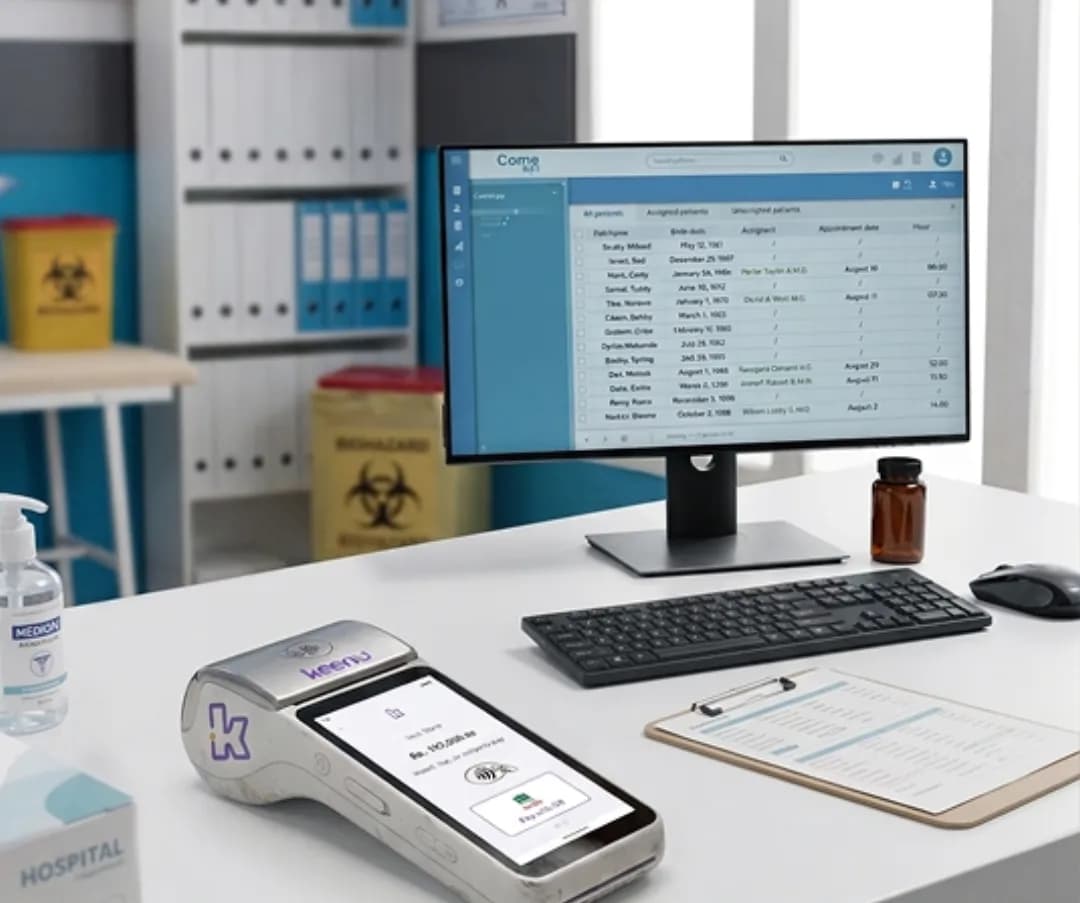Keenu terminal beside an existing desktop setup at a clinic back-office workstation