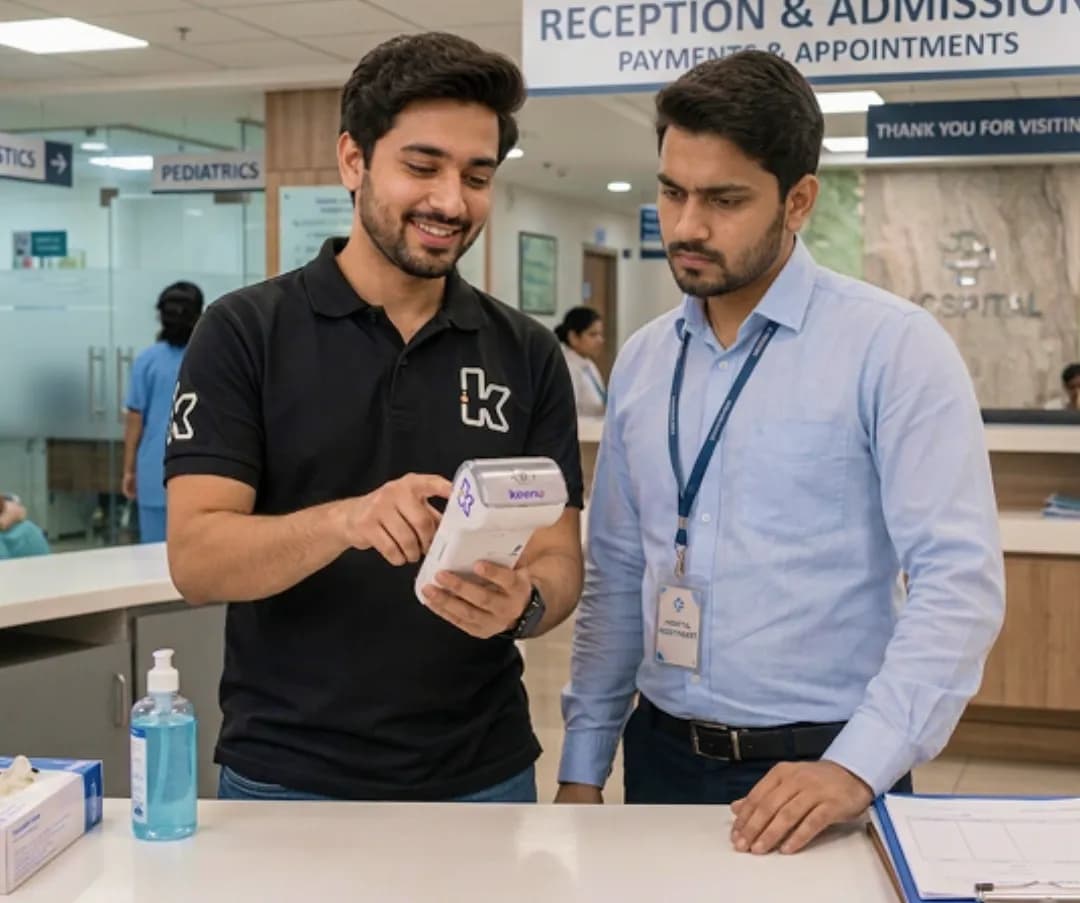 Keenu team member assisting front-desk staff with a payment terminal at a hospital reception