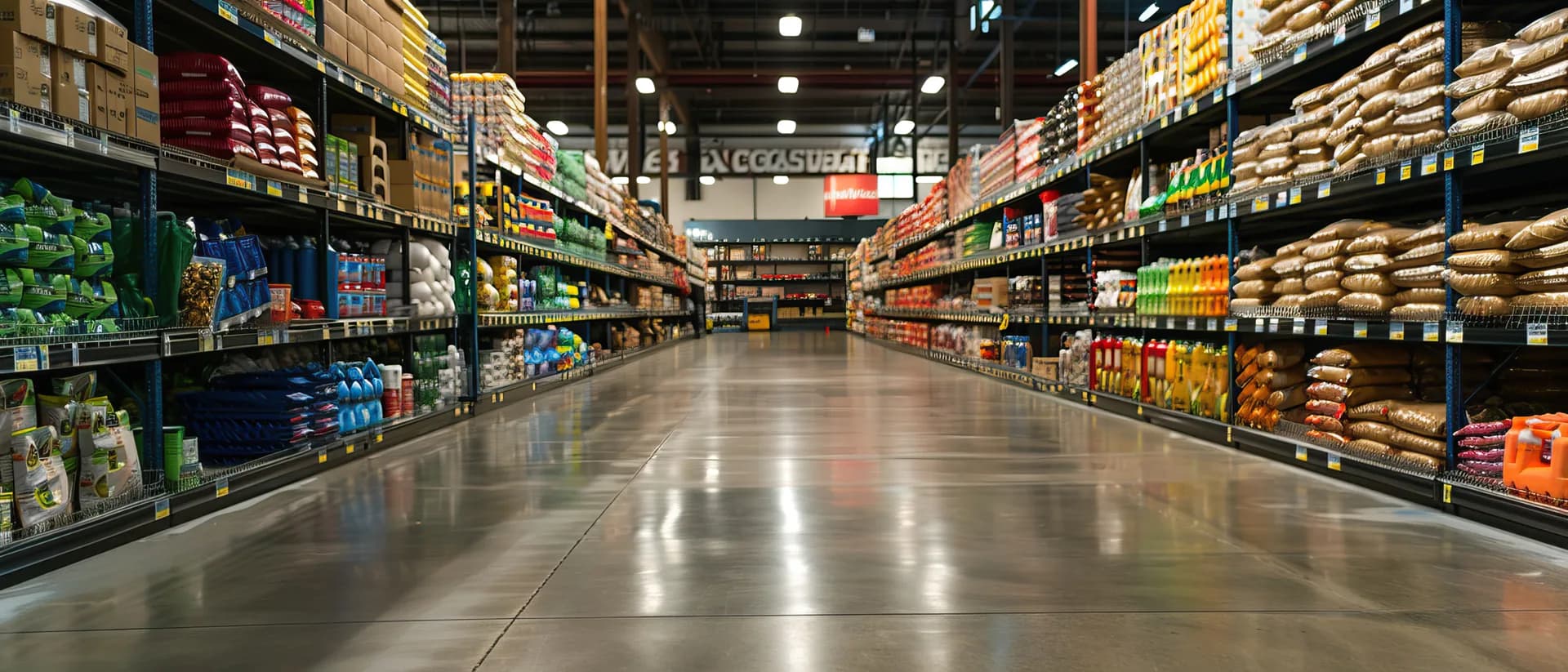 A long grocery store aisle stocked floor to ceiling