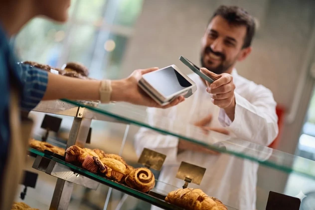 Smiling cafe owner taking a phone payment from a customer at the bakery counter